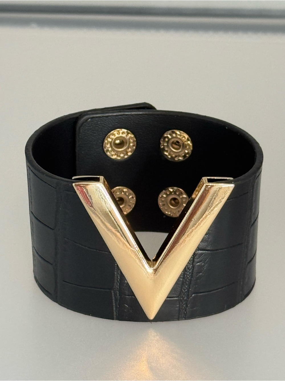 New Arrivals! Black Leather Cuff Bracelet with Gold V Accent